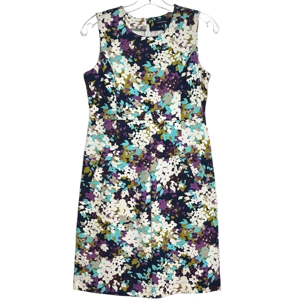 Lands End Sheath Dress Women Purple Teal Floral Sleeveless Ponte Knit Summer 4P
